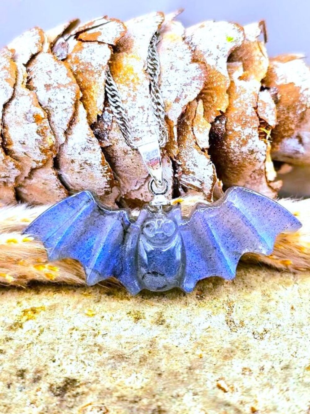 Natural Labradorite Flying Bat Pendant Necklace • Strong Flash Carved Bat